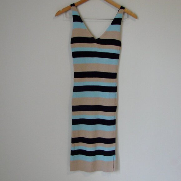 BCBG MaxAzria Rib Knit Tank Dress Bodycon Blue Tan Striped V-neck Stretch Small - Picture 9 of 11